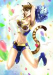  1girl animal_ears bad_id balloon bird blue_shoes boots bouncing_breasts breasts brown_eyes brown_hair cleavage confetti domino_mask genderswap genderswap_(mtf) jumping kaburagi_t_kotetsu large_breasts mask navel pom_poms redemption13 seagull shoes short_hair solo superhero tail tiger_&amp;_bunny tiger_ears tiger_tail wild_tiger 