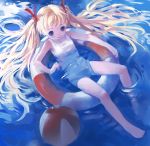  1girl barefoot blonde_hair blue_eyes child feet_in_water flat_chest innertube long_hair ocean one-piece_swimsuit original partially_submerged ribbon smile soaking_feet solo swimsuit twintails very_long_hair water white_swimsuit zrero 