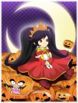  1girl ashley_(warioware) black_hair candy checkered checkered_background crescent_moon facial_hair halloween jack-o&#039;-lantern lollipop long_hair moon moriko_(morikoko) mouth_hold mustache objectification pumpkin red_eyes stuffed_animal stuffed_bunny stuffed_toy super_mario_bros. wario warioware 