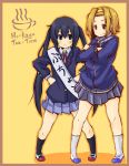  2girls :&lt; black_hair blazer blonde_hair brown_eyes hairband k-on! multiple_girls nakano_azusa sash school_uniform short_hair shouma_keito skirt tainaka_ritsu track_suit twintails 