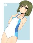  1girl ban_tsugumi bangs blush breasts eyebrows_visible_through_hair green_hair junes one-piece_swimsuit parted_lips short_hair simple_background small_breasts solo swimsuit toji_no_miko two-tone_background yellow_eyes 