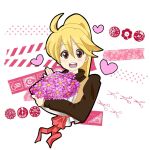  1girl :d ahoge blonde_hair blush bouquet female flower heart open_mouth plant pokemon pokemon_special scissors smile solo upper_body white_background yellow_(pokemon) yuma_(kuroba_tsuto) 