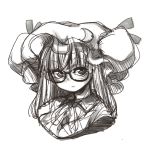  1girl :&lt; bespectacled black-framed_eyewear blush bun_cover double_bun glasses greyscale hat hiro_(h-net) large_hat long_hair looking_at_viewer mob_cap monochrome patchouli_knowledge sketch solo touhou upper_body 