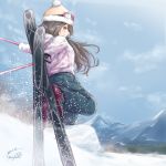  1girl 2017 alternate_costume black_hair coat commentary_request dated day gloves goggles goggles_on_head gurifu haruna_(kantai_collection) hat kantai_collection long_hair long_sleeves looking_at_viewer outdoors signature sky snow snowboard solo winter_clothes 