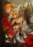  1boy 1girl blonde_hair blood bow brother_and_sister castle closed_eyes cross dress flower gloves green_eyes hair_bow hair_ribbon hat jewelry kagamine_len kagamine_rin lea.sy necklace ribbon rose short_hair siblings tears twins vocaloid white_dress 
