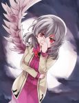  1girl bow bowtie brown_jacket covering_mouth dress feathered_wings grey_hair grey_wings hand_over_own_mouth jacket kishin_sagume looking_at_viewer nakukoroni open_clothes open_jacket purple_dress red_eyes single_wing solo touhou wings 