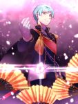  1boy aqua_hair cape cherry_blossoms fan folding_fan gloves highres ichigo_hitofuri male_focus military military_uniform necktie petals shipu_(gassyumaron) smile touken_ranbu touken_ranbu:_hanamaru uniform white_gloves yellow_eyes 