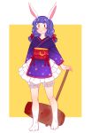  1girl :3 adapted_costume ambiguous_red_liquid animal_ears bloomers blue_hair frills japanese_clothes kimono kimono_skirt mallet nekolina rabbit_ears red_eyes red_ribbon ribbon seiran_(touhou) solo standing touhou underwear 