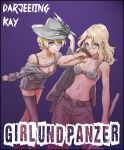  2girls alternate_costume blonde_hair blue_eyes bra breasts character_name cleavage copyright_name darjeeling freddy_krueger_(cosplay) girls_und_panzer groin jacket_over_shoulder kay_(girls_und_panzer) multiple_girls navel pants purple_background scar single_thighhigh soramame_(corndog) thigh-highs torn_clothes underwear 