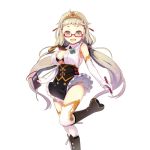  1girl blonde_hair book boots breasts character_request cleavage elbow_gloves glasses gloves holding leg_up long_hair looking_at_viewer official_art open_mouth pen red-framed_eyewear semi-rimless_glasses simple_background sleeveless tiara uchi_no_hime-sama_ga_ichiban_kawaii white_background 