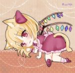  :3 all_fours animal_ears blonde_hair bow cat_ears cat_tail flandre_scarlet hair_bow ichinose_aki looking_back lowres paw_pose pink_legwear puffy_short_sleeves puffy_sleeves red_bow red_eyes red_shoes red_skirt red_vest shoes short_sleeves single_wrist_cuff skirt smile tail touhou twitter_username vest white_bow wings 