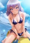  1girl arm_support artist_name bangs bikini blue_bikini blue_eyes breasts cleavage clouds cloudy_sky dutch_angle girls_und_panzer haruhata_mutsuki inflatable_toy itsumi_erika long_hair looking_at_viewer medium_breasts ocean outdoors side-tie_bikini signature silver_hair sitting sky smile solo sunlight swimsuit twitter_username wet 