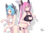  2girls aqua_hair artist_name bell bell_choker black_bra black_panties bra breasts brown_eyes cat_cutout cat_ear_panties cat_lingerie choker cleavage cleavage_cutout cowboy_shot f-14_tomcat frilled_panties frills hair_ornament hairclip headgear highres large_breasts long_hair looking_at_viewer mecha_musume medium_breasts multiple_girls nenchi original panties parted_lips paw_pose pink_hair side-by-side side-tie_panties signature simple_background smile standing symmetrical_hand_pose underwear white_background white_bra 