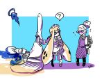  1boy 1girl ? apron arms_behind_back artist_name bangs blunt_bangs blush bouquet butler cookie_(zoza) death domino_mask donut_(zoza) dress flower flying_sweatdrops hair_slicked_back halo hand_on_hip hat hat_flower holding holding_weapon inkbrush_(splatoon) inkling lollipop_(zoza) long_sleeves looking_at_viewer maid maid_headdress mary_janes mask octobrush_(splatoon) paint_splatter pants pointy_ears scrunchie shirt shoes signature socks splatoon spoken_question_mark standing t-shirt topknot weapon white_hair zoza 