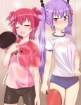  2girls arrow_hair_ornament bike_shorts blush bone_hair_ornament buruma closed_eyes dog_print hair_ribbon hot kamiya_agari kawazu_kento long_hair multiple_girls open_mouth paddle purple_hair redhead ribbon shakunetsu_no_takkyuu_musume short_hair short_twintails sweat sweat_stain sweating sweating_profusely table_tennis_paddle tsumujikaze_koyori twintails uneven_eyes wavy_mouth 