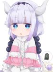  1girl 28aarts absurdres bangs battery blue_eyes blunt_bangs charging dragon_girl dragon_horns dragon_tail electric_socket hair_bobbles hair_ornament hairband highres horns kanna_kamui kobayashi-san_chi_no_maidragon lavender_hair long_hair looking_at_viewer low_twintails simple_background sitting solo tail twintails wariza white_background 