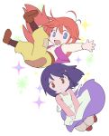  2girls apron blue_eyes brown_eyes brown_legwear chibi dress falling flip_flappers gretel_(cosplay) grimm&#039;s_fairy_tales hansel_(cosplay) hansel_and_gretel ikuta_takanon kokomine_cocona long_hair looking_at_viewer multiple_girls orange_hair papika_(flip_flappers) patch purple_hair simple_background smile socks sparkle suspenders vest white_background 