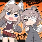  2girls alternate_costume animal_ears bandaged_arm belt blue_eyes brown_eyes brown_hair chestnut_mouth chintai_(mansyontintai) clenched_hands commentary_request eyebrows eyebrows_visible_through_hair fake_animal_ears fake_tail girls_und_panzer hair_ribbon halloween_costume happy_halloween itsumi_erika long_hair looking_at_viewer midriff military military_uniform multiple_girls open_mouth ribbon scar shimada_arisu uniform 