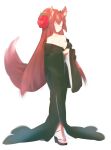  1girl animal_ears breasts brown_hair cleavage closed_eyes fox_ears fox_tail hair_ornament high_heels highres japanese_clothes kimono long_hair medium_breasts naso4 off_shoulder open_toe_shoes original sandals shoes solo tail toes wolf_ears wolf_tail 