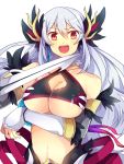  &gt;:d 1girl :d bare_shoulders blush breast_hold breasts cleavage cleavage_cutout detached_sleeves hair_between_eyes head_wings holding holding_sword holding_weapon horns large_breasts long_hair looking_at_viewer matryoshka_(borscht) midriff navel open_mouth red_eyes revealing_clothes road_to_dragons sidelocks silver_hair smile solo stomach sword under_boob upper_body very_long_hair weapon 