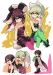  +_+ 2girls alternate_hairstyle aori_(splatoon) biting breasts cleavage closed_eyes domino_mask gloves hairdressing holding hotaru_(splatoon) mask mole multiple_girls open_mouth pointy_ears sitting smile sparkle splatoon tentacle_hair wong_ying_chee yellow_eyes 