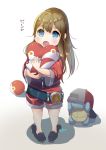 1girl 6_(roku) :o baseball_cap belt black_shoes blue_eyes blush brown_hair closed_mouth eyebrows eyebrows_visible_through_hair fang female_protagonist_(pokemon_go) full_body hat long_hair looking_up open_mouth oversized_clothes oversized_shoes pokemon pokemon_(creature) pokemon_go red_shirt red_shorts shadow shirt shoes shorts squirtle standing translation_request wavy_mouth white_background wide_sleeves 