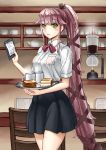  1girl alternate_costume black_skirt blouse blush bread breasts cafe chair commentary_request cup employee_uniform eyebrows eyebrows_visible_through_hair food green_eyes hair_flaps hair_ribbon holding holding_tray kantai_collection long_hair looking_at_viewer mayura2002 medium_breasts multiple_girls neck_ribbon pink_hair ponytail restaurant ribbon short_sleeves skirt solo tray uniform very_long_hair white_blouse yura_(kantai_collection) 
