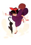  1girl bag black_eyes black_hair cat dress full_body hair_ribbon hairband highres jiji_(majo_no_takkyuubin) jisoo_kim kiki majo_no_takkyuubin purple_dress ribbon slippers smile studio_ghibli 