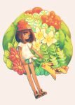  1girl beanie female_protagonist_(pokemon_sm) flower green_eyes green_shorts hat leaf makaroll pikachu pokemon pokemon_(creature) pokemon_(game) pokemon_sm shirt shoes short_hair shorts simple_background smile sneakers t-shirt tan tan_background tied_shirt 