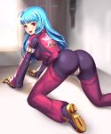  1girl :d all_fours arm_belt ass bangs belt belt_buckle blue_hair blurry bodysuit braid breasts buckle chaps clothes_writing cropped_jacket cross depth_of_field eyebrows eyebrows_visible_through_hair eyelashes from_behind gloves hair_ornament heart_print highres kula_diamond long_hair long_sleeves looking_at_viewer looking_back medium_breasts on_floor open_mouth red_eyes shoe_soles side_braid smile solo the_king_of_fighters turna98 