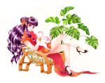  1girl beads bell cat china_dress chinese_clothes double_bun dress full_body hair_beads hair_bobbles hair_ornament hair_tubes high_heels jingle_bell jisoo_kim leaf_print legs_crossed lipstick long_hair makeup plant purple_hair ranma_1/2 red_lipstick shampoo_(ranma_1/2) side_slit sitting smile solo vase violet_eyes wrist_cuffs 