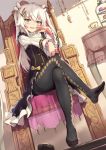  1girl black_legwear blush chair cup gou_(ga673899) green_eyes hair_ornament hair_ribbon legs_crossed long_hair long_sleeves looking_at_viewer no_shoes open_mouth original pantyhose ribbon sitting smile solo table teacup two_side_up white_hair 