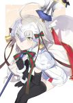  &gt;:/ 1girl ahoge bangs bell black_legwear blush capelet christmas dress elbow_gloves eyebrows_visible_through_hair fate/grand_order fate_(series) fur_trim gloves green_ribbon grey_hair hair_ribbon hayashi_kewi headpiece holding invisible_chair jeanne_alter jeanne_alter_(santa_lily)_(fate) lance legs_together looking_at_viewer merry_christmas polearm red_ribbon ribbon ruler_(fate/apocrypha) sack short_dress sitting solo striped striped_ribbon thigh-highs weapon white_dress yellow_eyes 
