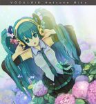  1girl aqua_eyes aqua_hair detached_sleeves flower hair_flower hair_ornament hands_on_headphones hatsune_miku headphones hydrangea long_hair necktie open_mouth pantyhose saya_(mychristian2) skirt solo very_long_hair vocaloid 