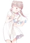  1girl blue_ribbon blush brown_eyes brown_hair closed_mouth dress female holding long_hair looking_away low_twintails original popsicle_stick ribbon sailor_dress short_sleeves simple_background sketch solo standing twintails white_background white_dress wind wrapper yuu_(plasm) 