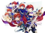  6+boys blue_armor blue_clothes blue_eyes blue_headband character_name child dated fire_emblem fire_emblem:_fuuin_no_tsurugi fire_emblem:_kakusei gold_trim headband male_focus multiple_boys redhead roy_(fire_emblem) shirt super_smash_bros. sword weapon white_background white_clothes white_shirt yuki_(sumaburalove) 