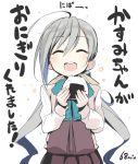  1girl ^_^ ^o^ ahoge blue_bow blue_bowtie blush bow bowtie closed_eyes commentary_request cowboy_shot eyebrows eyebrows_visible_through_hair food grey_hair hair_between_eyes kantai_collection kiyoshimo_(kantai_collection) long_hair long_sleeves low_twintails onigiri open_mouth school_uniform solo translation_request twintails upper_body very_long_hair yopan_danshaku 