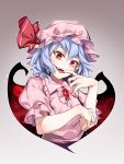 1girl asu_tora blue_hair brooch fangs finger_to_mouth full_moon hair_between_eyes hat hat_ribbon highres jewelry mob_cap moon open_mouth pointy_ears puffy_short_sleeves puffy_sleeves red_eyes red_ribbon remilia_scarlet ribbon scarlet_devil_mansion short_sleeves simple_background slit_pupils smile solo touhou upper_body 
