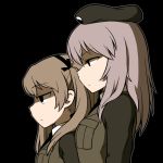  2girls black_background black_ribbon brown_hair chintai_(mansyontintai) commentary_request empty_eyes eyebrows eyebrows_visible_through_hair from_side girls_und_panzer hair_ribbon hat itsumi_erika long_hair long_sleeves military military_hat military_uniform multiple_girls ribbon shimada_arisu side_ponytail simple_background uniform upper_body vest 