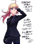  1girl ahoge androgynous black_gloves blonde_hair blue_eyes fate/stay_night fate/zero fate_(series) female formal gloves highres naturalisticgy necktie pant_suit ponytail reverse_trap saber simple_background solo suit 