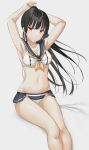  1girl adapted_costume adjusting_hair aemu_(august_life) alternate_hairstyle armpits arms_behind_head bangs bare_arms bare_legs bikini black_hair blunt_bangs breasts cleavage collarbone front-tie_top groin isokaze_(kantai_collection) jitome kantai_collection long_hair looking_at_viewer medium_breasts midriff navel red_eyes sideboob sitting swimsuit thighs white_bikini 