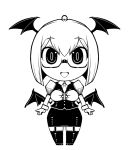  1girl :d bat bespectacled book chibi demon_tail framed_breasts full_body garter_straps glasses greyscale head_wings hexagram koakuma long_sleeves looking_at_viewer maru_rx monochrome necktie open_mouth pencil_skirt puffy_sleeves short_hair simple_background skirt skirt_set smile solo standing tail thigh-highs touhou vest white_background 