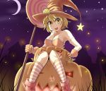  bare_shoulders blonde_hair breasts candy cleavage crescent_moon fang gloves gosledging halloween hat highres jack-o&#039;-lantern moon night pumpkin striped striped_legwear witch_hat yellow_eyes 