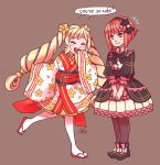  2girls artist_request bangs blonde_hair blush closed_eyes cosplay costume_switch dress elise_(fire_emblem_if) english fire_emblem fire_emblem_if flower flower_kimono flying_sweatdrops frills grey_background hair_flower hair_ornament hairband japanese_clothes kimono looking_at_another multiple_girls open_mouth pink_eyes pink_hair sakura_(fire_emblem_if) sandals short_hair sidelocks simple_background smile source_request twintails 