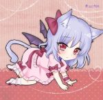  1girl all_fours animal_ears ascot bat_wings blue_hair bow brooch cat_ears cat_tail eyebrows eyebrows_visible_through_hair hair_bow heart heart_of_string ichinose_aki jewelry kemonomimi_mode looking_at_viewer lowres pink_background pink_shirt pink_shoes pink_skirt puffy_short_sleeves puffy_sleeves red_bow red_eyes remilia_scarlet shirt shoes short_hair short_sleeves single_wrist_cuff skirt solo tail touhou twitter_username wings 