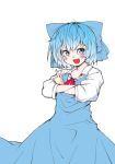  &gt;:d 1girl :d blue_eyes blue_hair blush bow cirno crossed_arms dress gradient_hair hair_bow hiro_(h-net) looking_at_viewer multicolored_hair open_mouth short_hair smile solo touhou v 