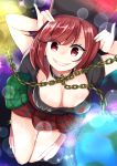  1girl barefoot breasts chains choker cleavage earth_(ornament) grin hecatia_lapislazuli highres looking_at_viewer mimoto_(aszxdfcv) moon_(ornament) plaid plaid_skirt polos_crown red_eyes redhead short_hair skirt smile sparkle touhou 