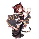  1girl animal_ears anklet armlet braid brown_hair cat_ears cat_tail dress front_braid hood jewelry leg_up long_hair official_art open_mouth pink_eyes round_teeth solo tail tail_ring teeth transparent_background twin_braids uchi_no_hime-sama_ga_ichiban_kawaii 