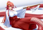  1girl :d breasts dutch_angle fang gohei highres japanese_clothes kagiyama_(gen&#039;ei_no_hasha) lamia large_breasts long_hair miia_(monster_musume) miko monster_girl monster_musume_no_iru_nichijou open_mouth pointy_ears ponytail redhead scales shadow sidelocks sitting slit_pupils smile solo very_long_hair yellow_eyes 