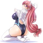  1girl ass black_swimsuit blush breasts clothes_lift competition_swimsuit from_behind glasses head_tilt kneeling large_breasts log-mi_(tonpuu) long_hair one-piece_swimsuit original pink_hair ponytail ribbed_sweater sweater sweater_lift swimsuit thigh-highs tonpuu violet_eyes white_legwear white_sweater 